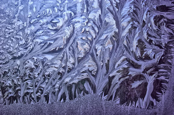 窗户上结霜的冬天图案。 一<strong>月份</strong>。