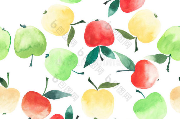 明亮的苹果圆圈图案无缝水彩手绘草图