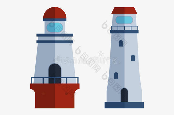 卡通扁平灯塔探照灯塔用于海上导航引导光矢量插图。