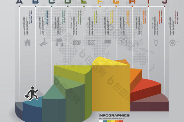 演示的10个步骤模板。 男人走在楼梯上使用信息图形设计与10个选项时间表。
