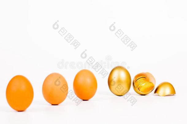 白色背景上的金蛋和金币