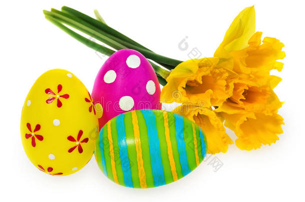 手绘复活节彩蛋、花、水仙花的组成。