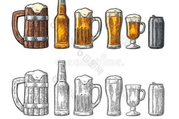 啤酒套装，木杯，玻璃，金属罐，瓶子。 雕刻