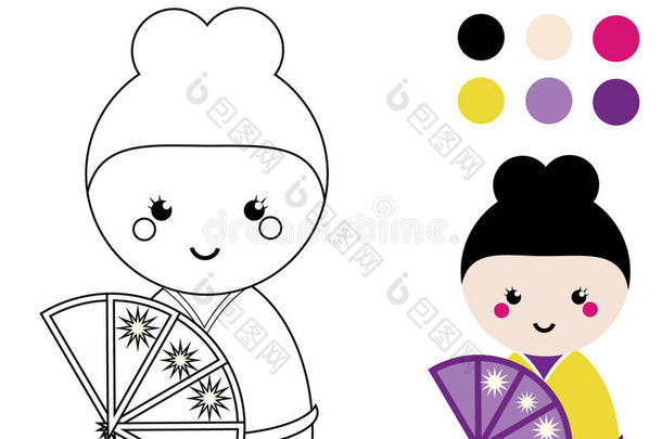 用可爱的日本Kokeshi娃娃着色页面。 幼儿教育游戏，绘画活动