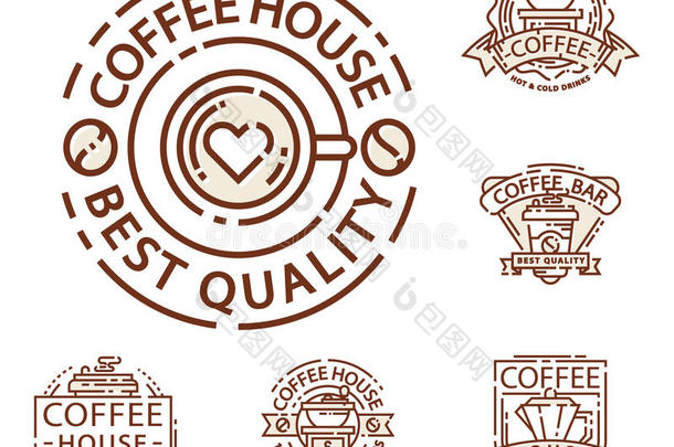 咖啡徽章食品细线刻字餐厅，咖啡厅菜单咖啡厅和商店贴纸矢量。