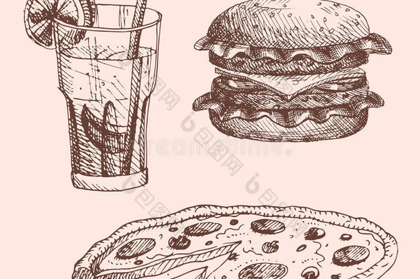 手绘菜单餐厅产品的食物草图和涂鸦餐菜矢量插图。