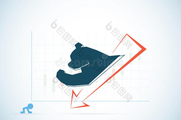 熊符号与红色和烛台图表，股票市场和商业概念