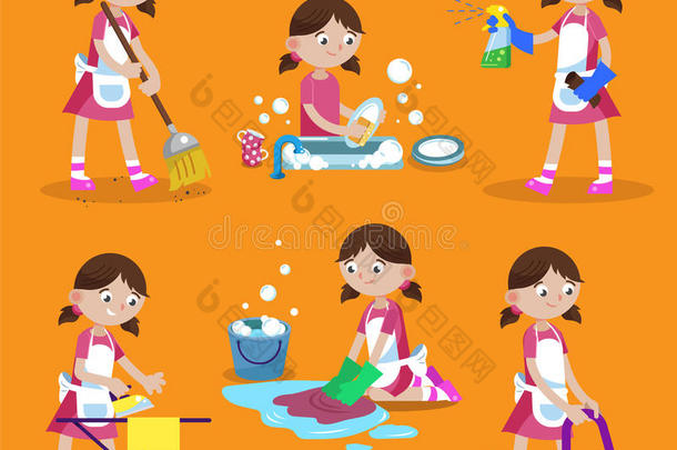 清洁矢量插图。 打扫房间。 女孩在家忙：洗碗，洗地板，熨斗，吸尘器，扫地，洗窗户