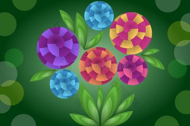 立体花束与五颜六色的花，三维效果光学错觉，装饰在深绿色背景，美好的春天或夏天