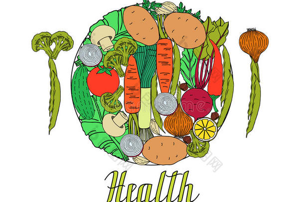 <strong>一盘新鲜</strong>蔬菜，上面写着健康``。