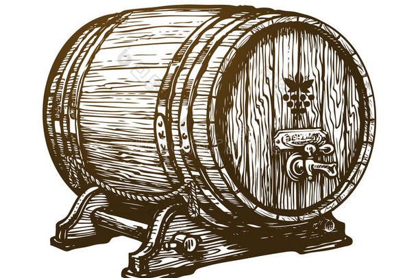 手绘木制<strong>酒</strong>桶。 喝吧，橡木桶素描。 老式矢量插图