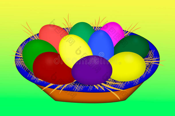 彩色复活节彩蛋在篮子里产卵。 彩蛋。 彩色复活节彩蛋