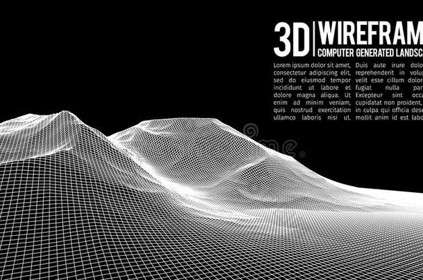 抽象矢量线框景观背景。 网络空间网格。 三维技术线框矢量插图。 数字