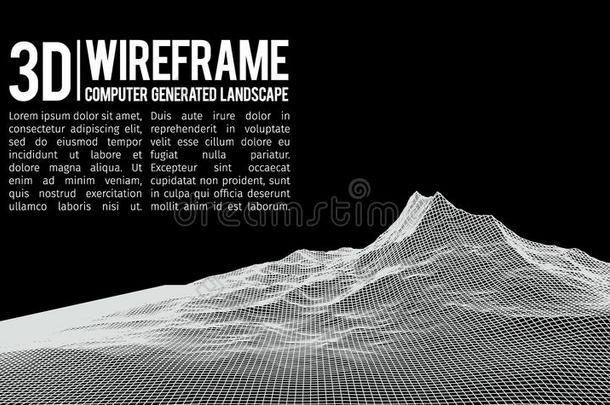 抽象矢量线框景观背景。 网络空间网格。 三维技术线框矢量插图。 数字