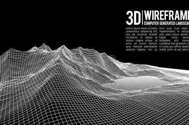抽象矢量线框景观背景。 网络空间网格。 三维技术线框矢量插图。 数字