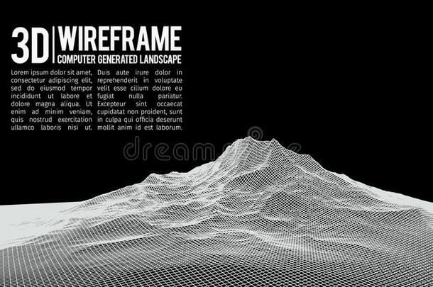抽象矢量线框景观背景。 网络空间网格。 三维技术线框矢量插图。 数字