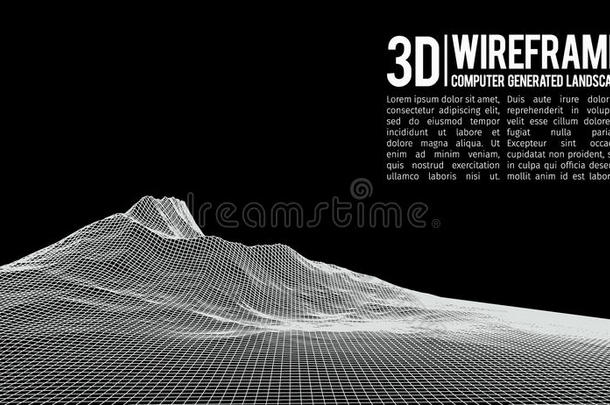 抽象矢量线框景观背景。 网络空间网格。 三维技术线框矢量插图。 数字