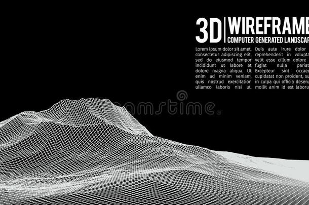 抽象矢量线框景观背景。 网络空间网格。 三维技术线框矢量插图。 数字