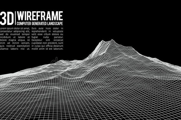 抽象矢量线框景观背景。 网络空间网格。 三维技术线框矢量插图。 数字