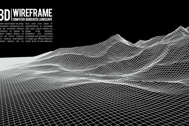 抽象矢量线框景观背景。 网络空间网格。 三维技术线框矢量插图。 数字