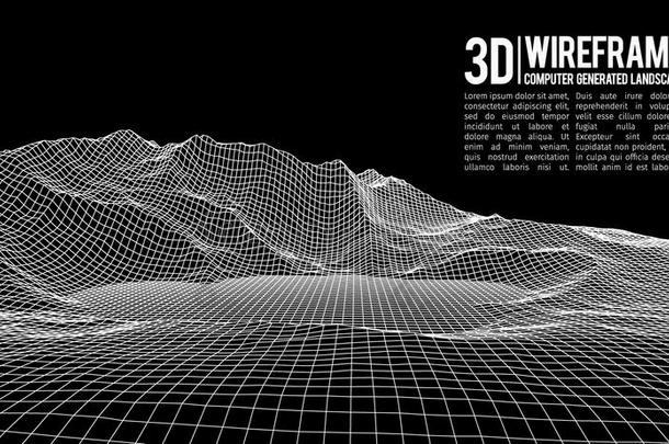 抽象矢量线框景观背景。 网络空间网格。 三维技术线框矢量插图。 数字