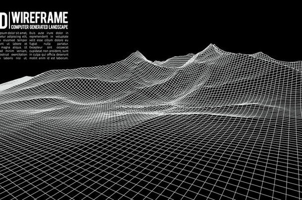 抽象矢量线框景观背景。 网络空间网格。 三维技术线框矢量插图。 数字