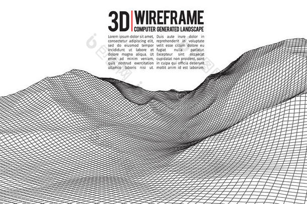 抽象矢量线框景观背景。 网络空间网格。 三维技术线框矢量插图。 数字