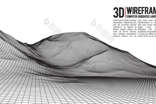 抽象矢量线框景观背景。 网络空间网格。 三维技术线框矢量插图。 数字