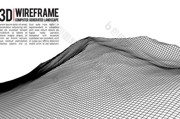 抽象矢量线框景观背景。 网络空间网格。 三维技术线框矢量插图。 数字