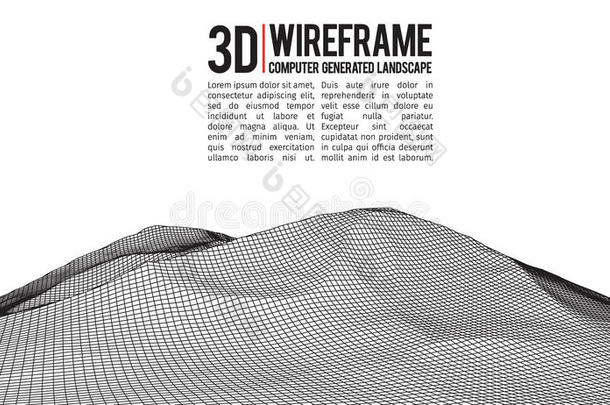 抽象矢量线框景观背景。 网络空间网格。 三维技术线框矢量插图。 数字