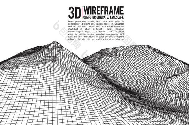 抽象矢量线框景观背景。 网络空间网格。 三维技术线框矢量插图。 数字