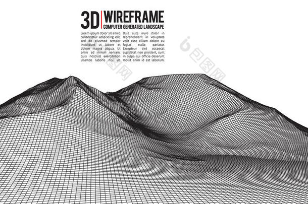 抽象矢量线框景观背景。 网络空间网格。 三维技术线框矢量插图。 数字