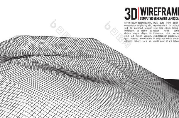 抽象矢量线框景观背景。 网络空间网格。 三维技术线框矢量插图。 数字