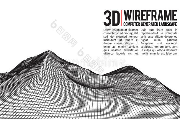 抽象矢量线框景观背景。 网络空间网格。 三维技术线框矢量插图。 数字