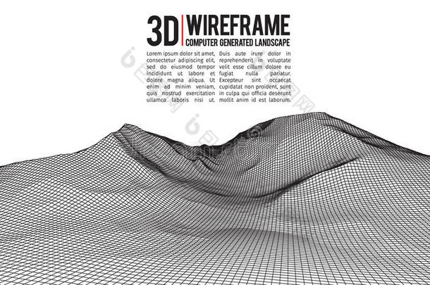 抽象矢量线框景观背景。 网络空间网格。 三维技术线框矢量插图。 数字