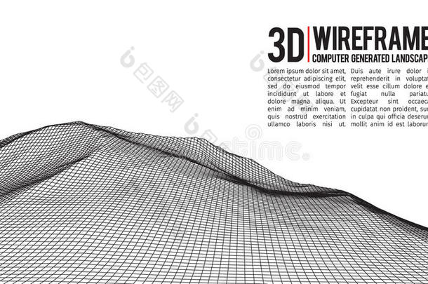 抽象矢量线框景观背景。 网络空间网格。 三维技术线框矢量插图。 数字