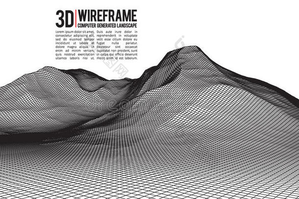 抽象矢量线框景观背景。 网络空间网格。 三维技术线框矢量插图。 数字