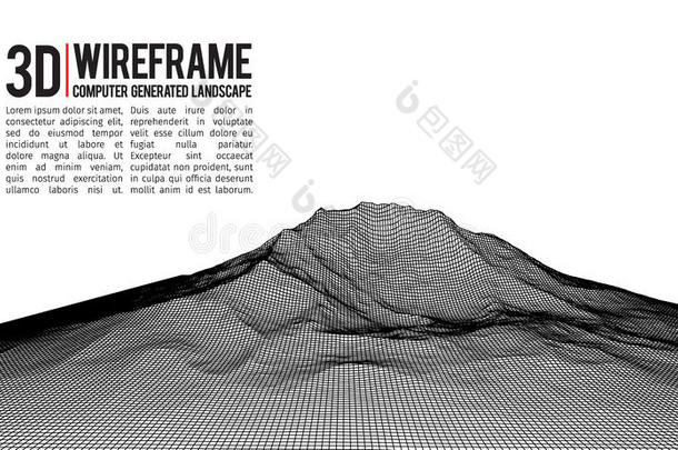 抽象矢量线框景观背景。 网络空间网格。 三维技术线框矢量插图。 数字