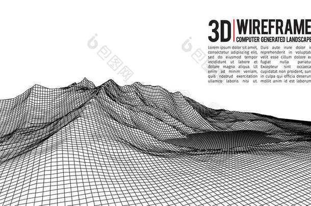 抽象矢量线框景观背景。 网络空间网格。 三维技术线框矢量插图。 数字