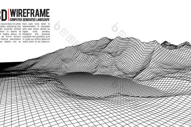 抽象矢量线框景观背景。 网络空间网格。 三维技术线框矢量插图。 数字