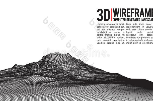 抽象矢量线框景观背景。 网络空间网格。 三维技术线框矢量插图。 数字