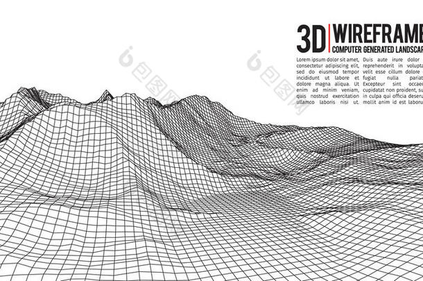 抽象矢量线框景观背景。 网络空间网格。 三维技术线框矢量插图。 数字