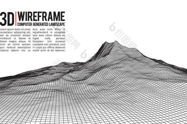 抽象矢量线框景观背景。 网络空间网格。 三维技术线框矢量插图。 数字