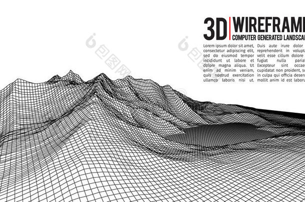 抽象矢量线框景观背景。 网络空间网格。 三维技术线框矢量插图。 数字