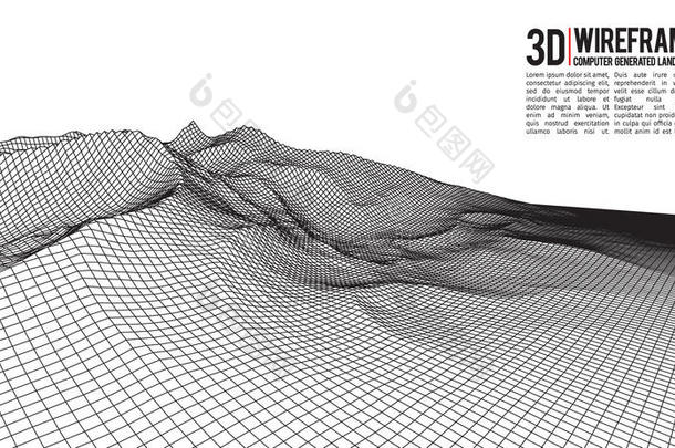 抽象矢量线框景观背景。 网络空间网格。 三维技术线框矢量插图。 数字