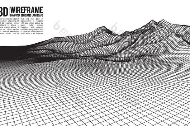 抽象矢量线框景观背景。 网络空间网格。 三维技术线框矢量插图。 数字