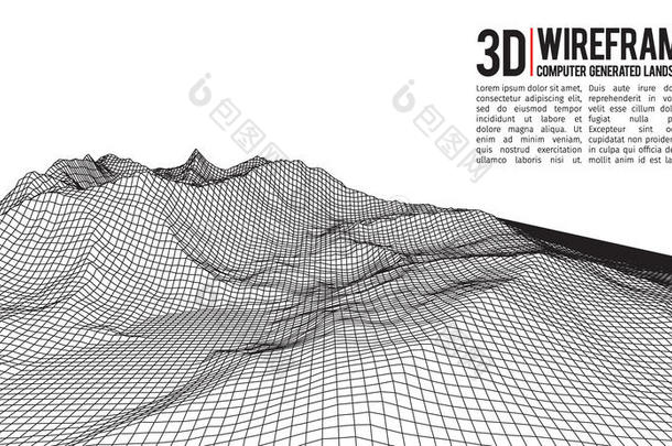 抽象矢量线框景观背景。 网络空间网格。 三维技术线框矢量插图。 数字