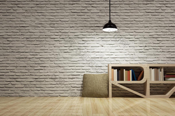 木<strong>地板砖</strong>墙上有书柜的天花板灯