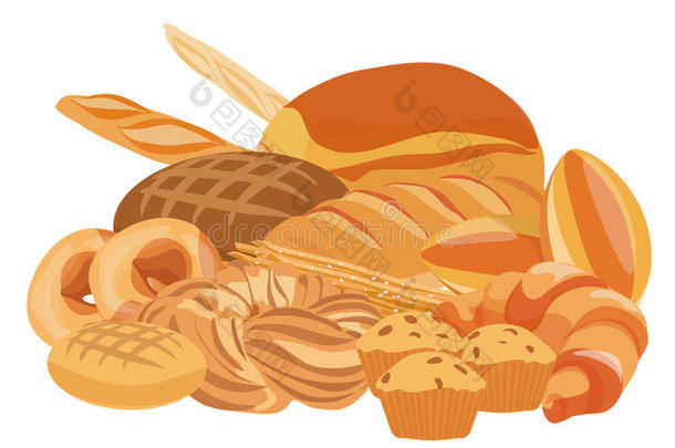 面包店和糕点产品组合在一起。 面包，纸杯蛋糕，面团和蛋糕面包店。 烘焙食品设计。