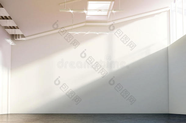 阳光明媚的现代机库大厅里的空白白色大墙模型